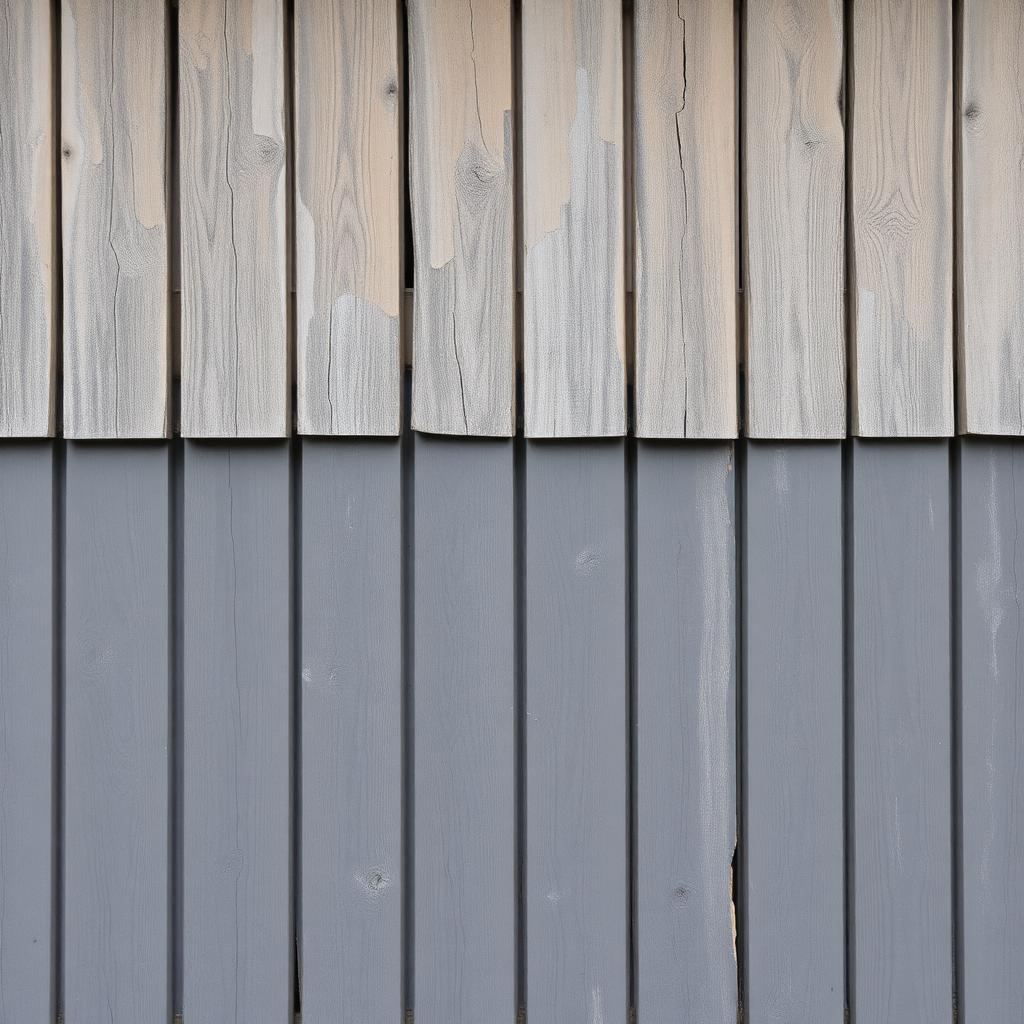 Ancien bardage en bois grisé et écaillé sur une façade