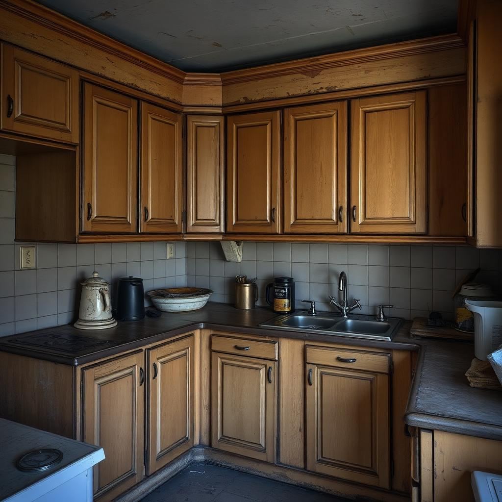 Ancienne cuisine avec meubles en bois usés et vernis écaillé