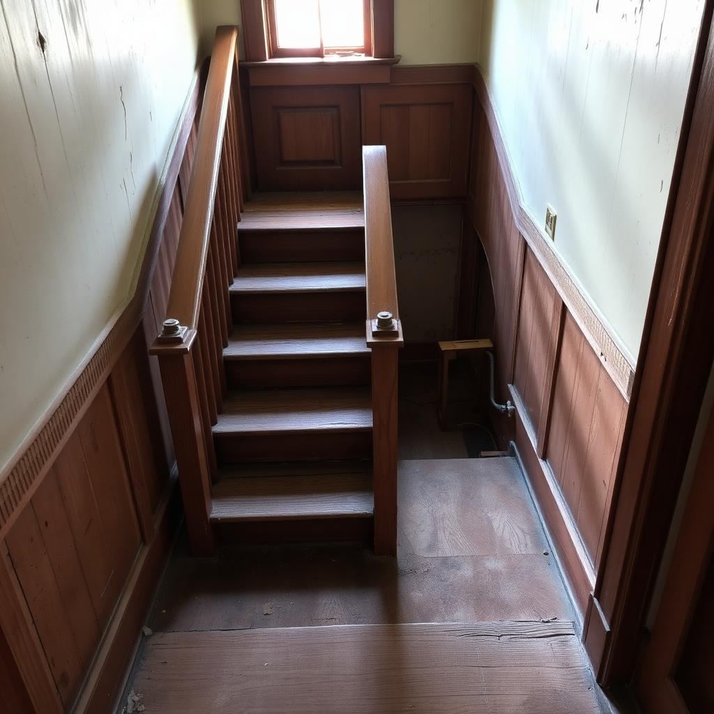 Ancien escalier en bois avec marches usées et vernis écaillé