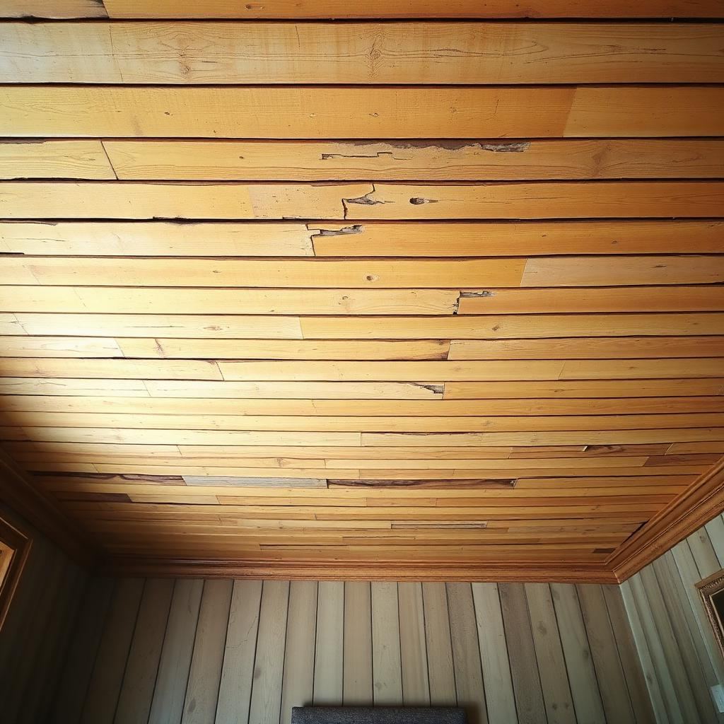 Plafond en lambris ancien jauni et abîmé par l'humidité