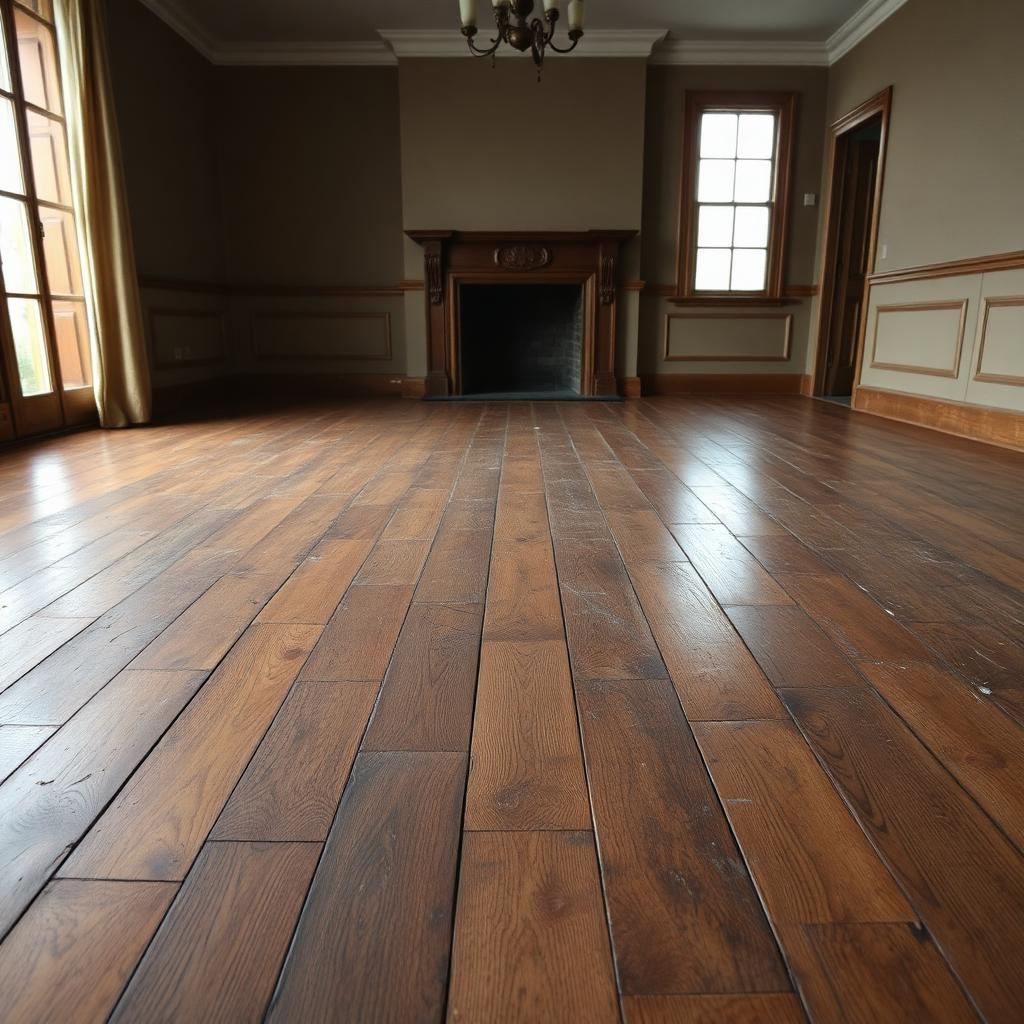 Parquet en chêne usé et rayé avant restauration