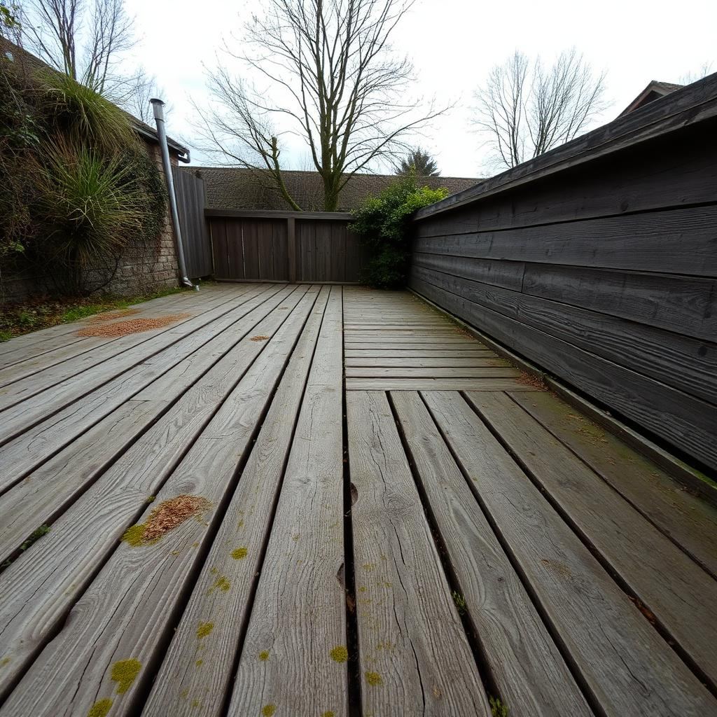 Terrasse en bois grisée, moisie et fendillée avant rénovation