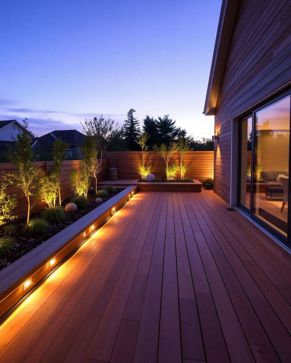 Terrasse mélèze — Charleroi — Terrasse en mélèze illuminée au crépuscule