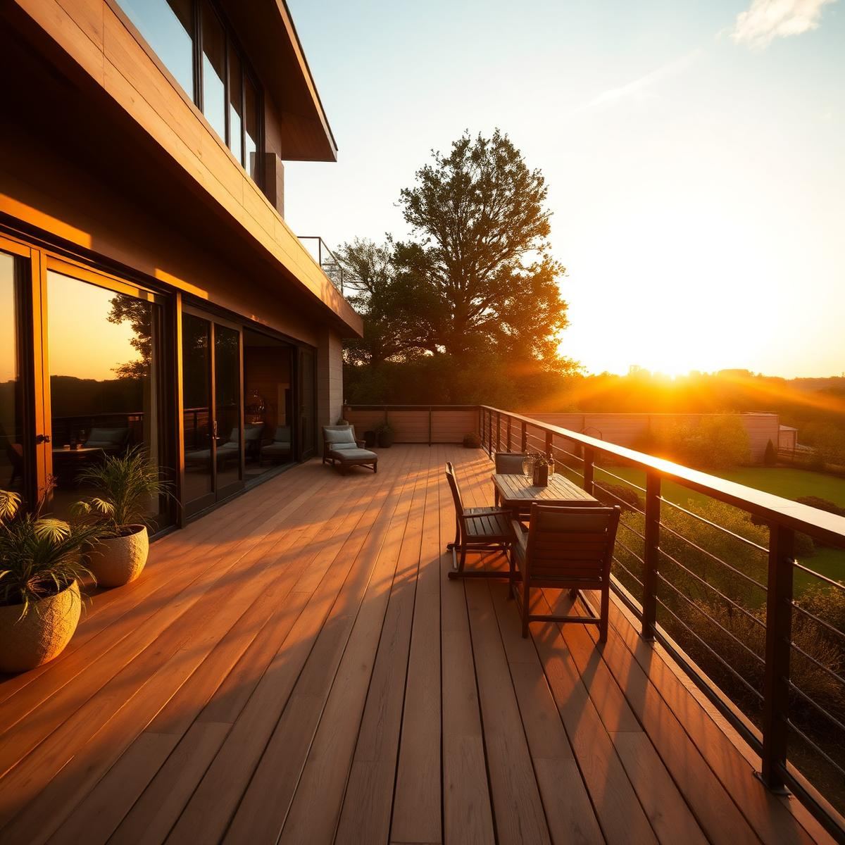Terrasse extérieure en bois exotique au coucher de soleil réalisée par BDC Construction