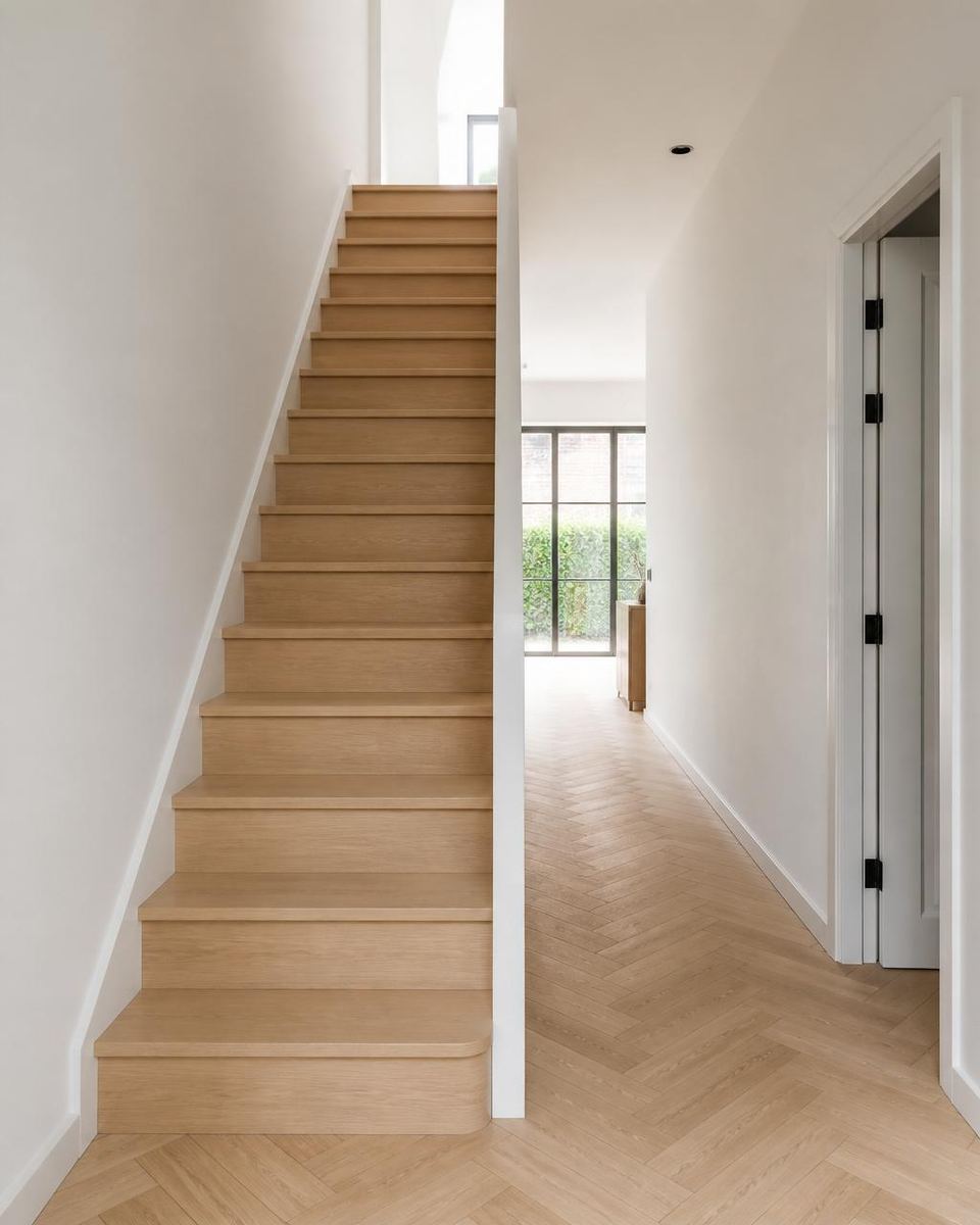 Escalier minimaliste en chêne dans un intérieur lumineux
