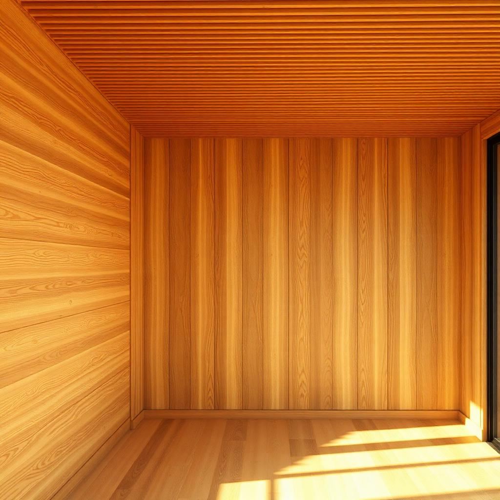 Plafond et mur en lambris de bois dans un salon chaleureux et lumineux
